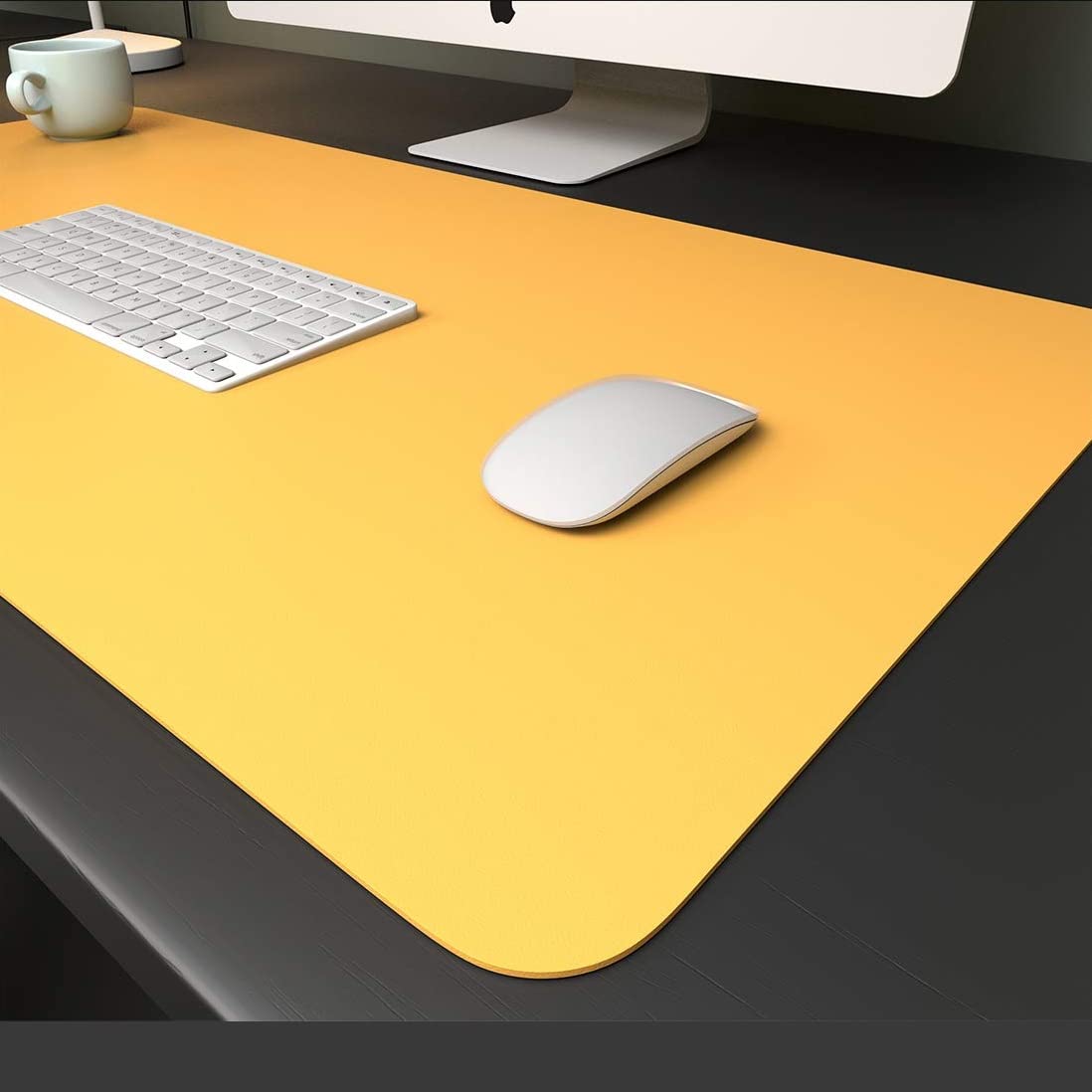 Dyazo Vegan PU Leather Mouse Pad, Extended Desk Mat Reversible Anti-Slip, Design (35 Inch * 17.7 Inch Navy Blue and Yellow Ochre)
