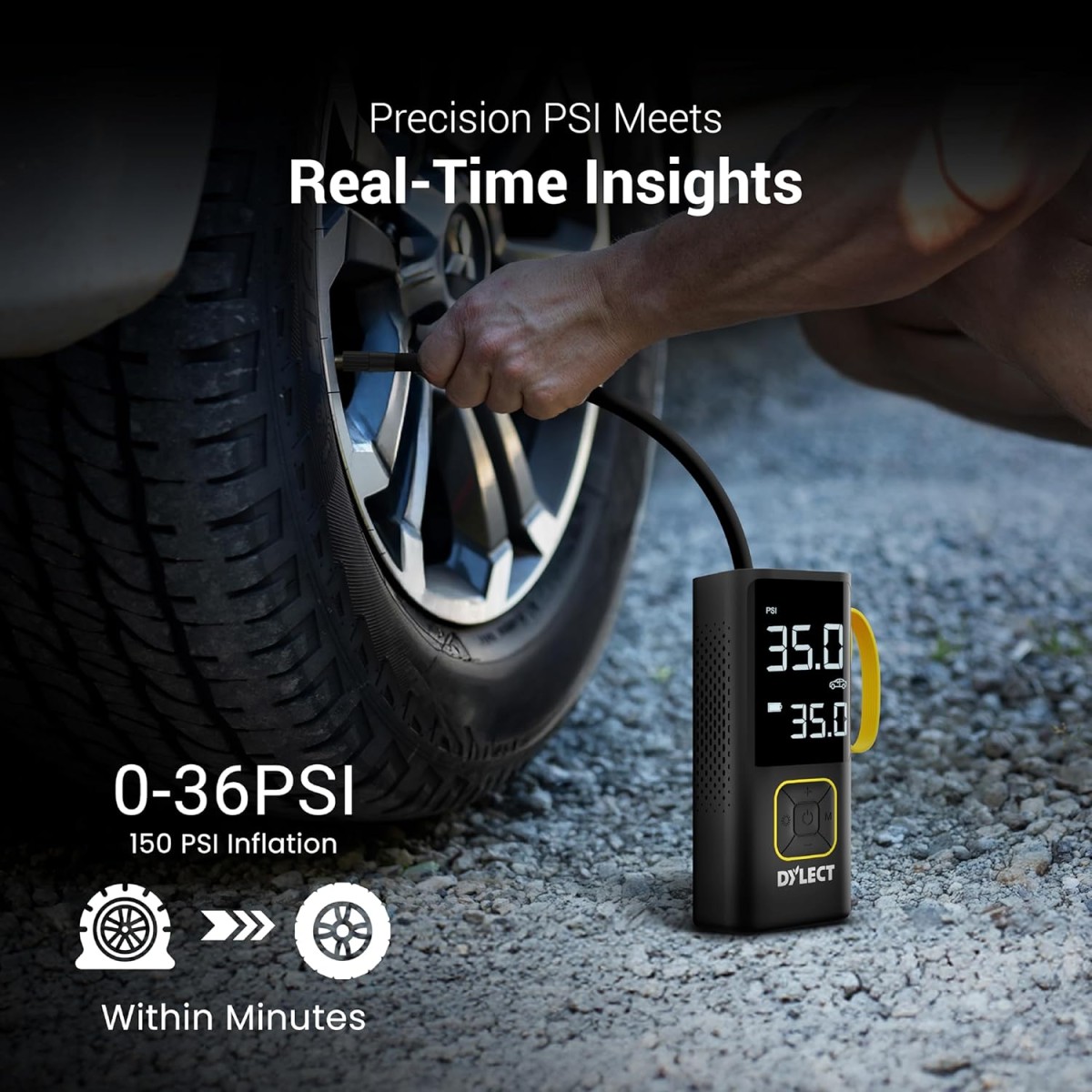 Dylect Tyre Inflator for Car and Bike| Home Use| Works Both on DC Port & Battery| Type-C Charging| 6000mAh BIS Certified| Super Fast Inflation| 5 Fill Modes| AutoCutoff| Multiple Nozzles