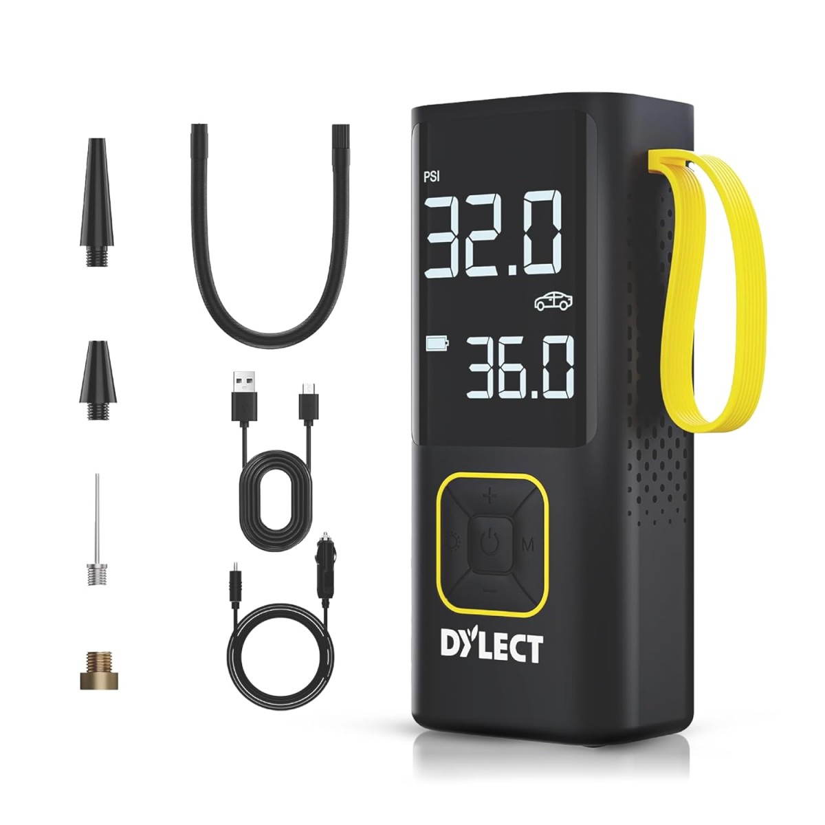 Dylect Tyre Inflator for Car and Bike| Home Use| Works Both on DC Port & Battery| Type-C Charging| 6000mAh BIS Certified| Super Fast Inflation| 5 Fill Modes| AutoCutoff| Multiple Nozzles
