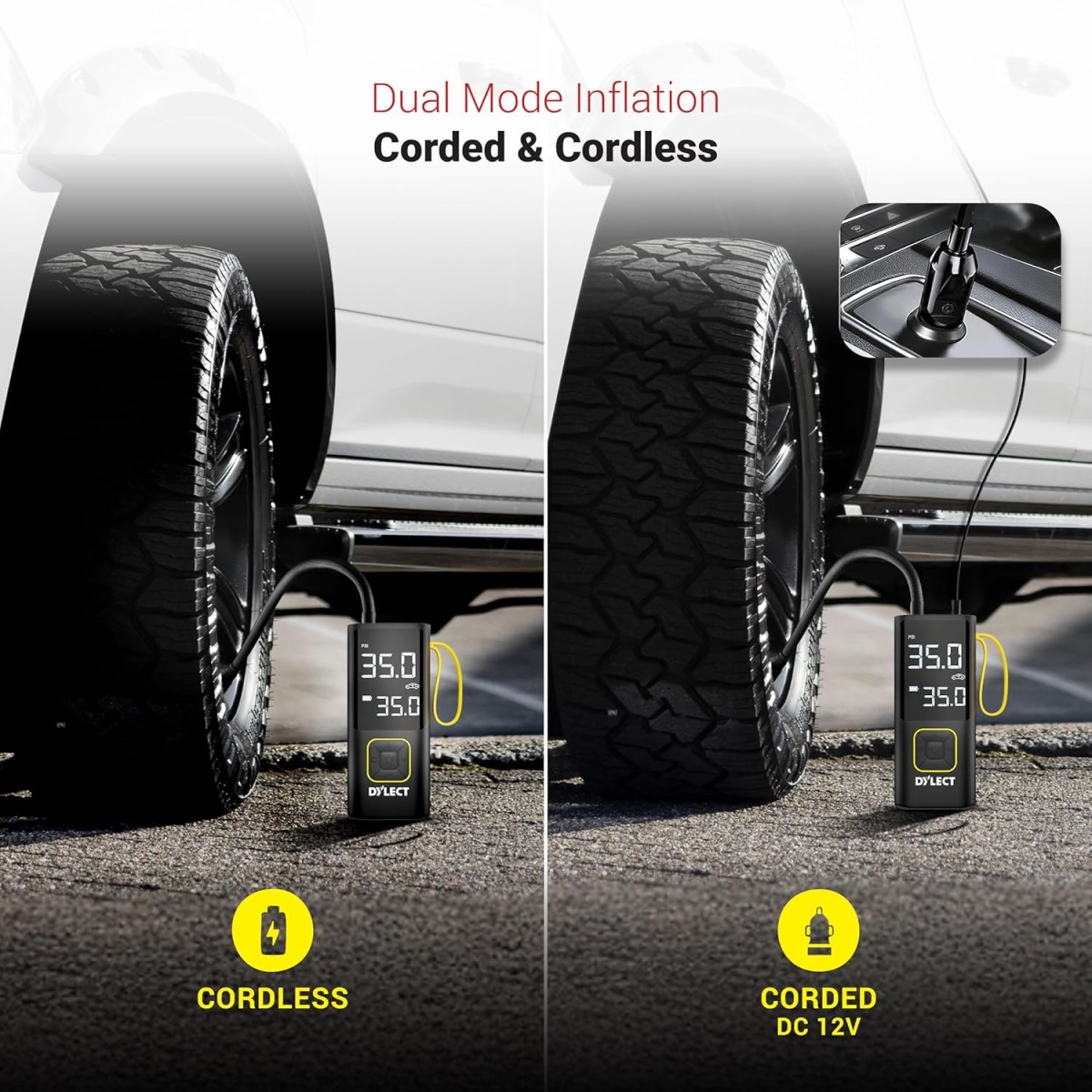 Dylect Tyre Inflator for Car and Bike| Home Use| Works Both on DC Port & Battery| Type-C Charging| 6000mAh BIS Certified| Super Fast Inflation| 5 Fill Modes| AutoCutoff| Multiple Nozzles