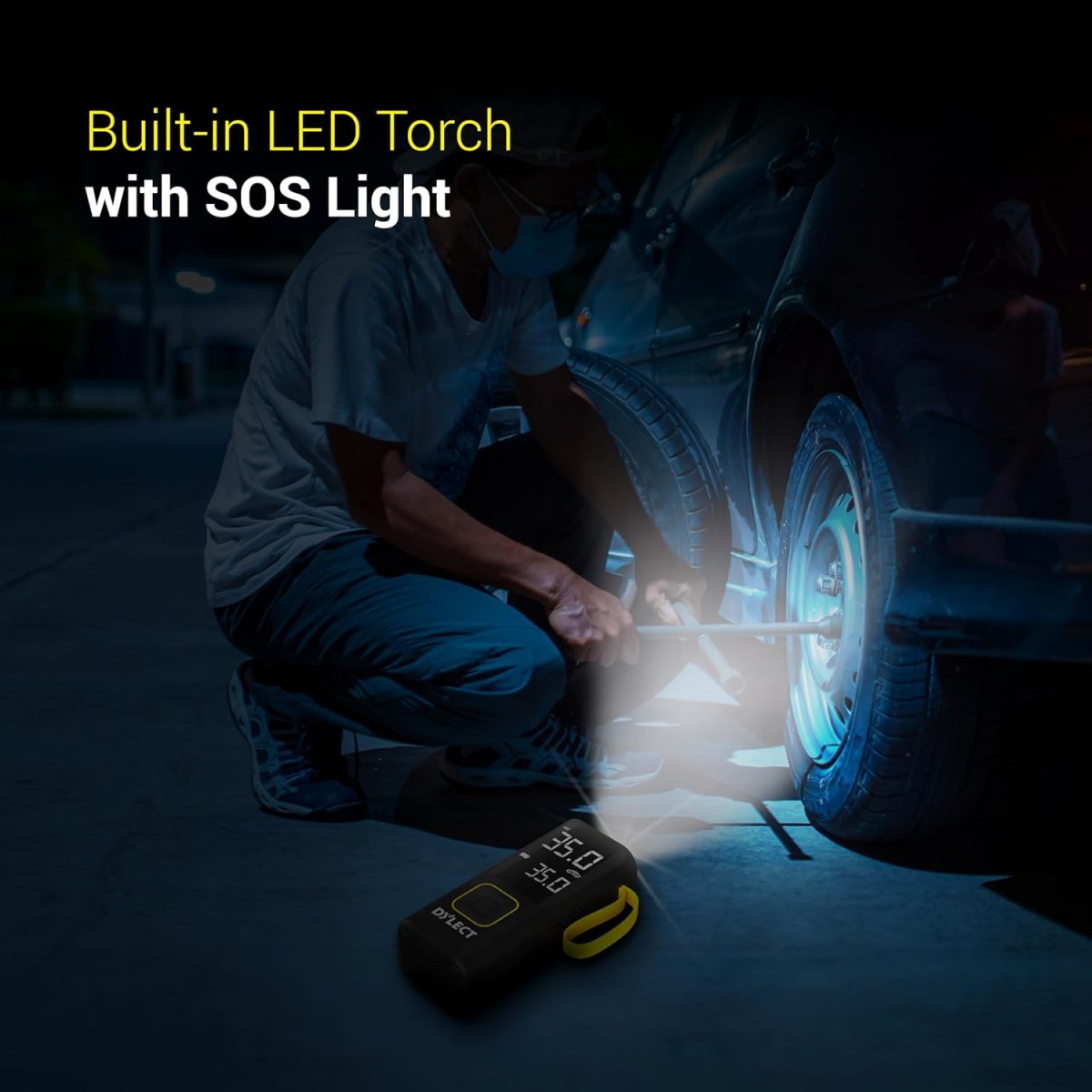 Dylect Tyre Inflator for Car and Bike| Home Use| Works Both on DC Port & Battery| Type-C Charging| 6000mAh BIS Certified| Super Fast Inflation| 5 Fill Modes| AutoCutoff| Multiple Nozzles