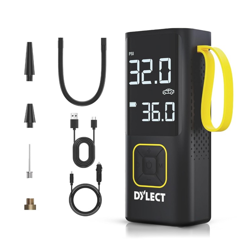 Dylect Tyre Inflator for Car and Bike| Home Use| Works Both on DC Port & Battery| Type-C Charging| 6000mAh BIS Certified| Super Fast Inflation| 5 Fill Modes| AutoCutoff| Multiple Nozzles Dylect Tyre Inflator for Car and Bike| Home Use| Works Both on DC Port & Battery| Type-C Charging| 6000mAh BIS Certified| Super Fast Inflation| 5 Fill Modes| AutoCutoff| Multiple Nozzles