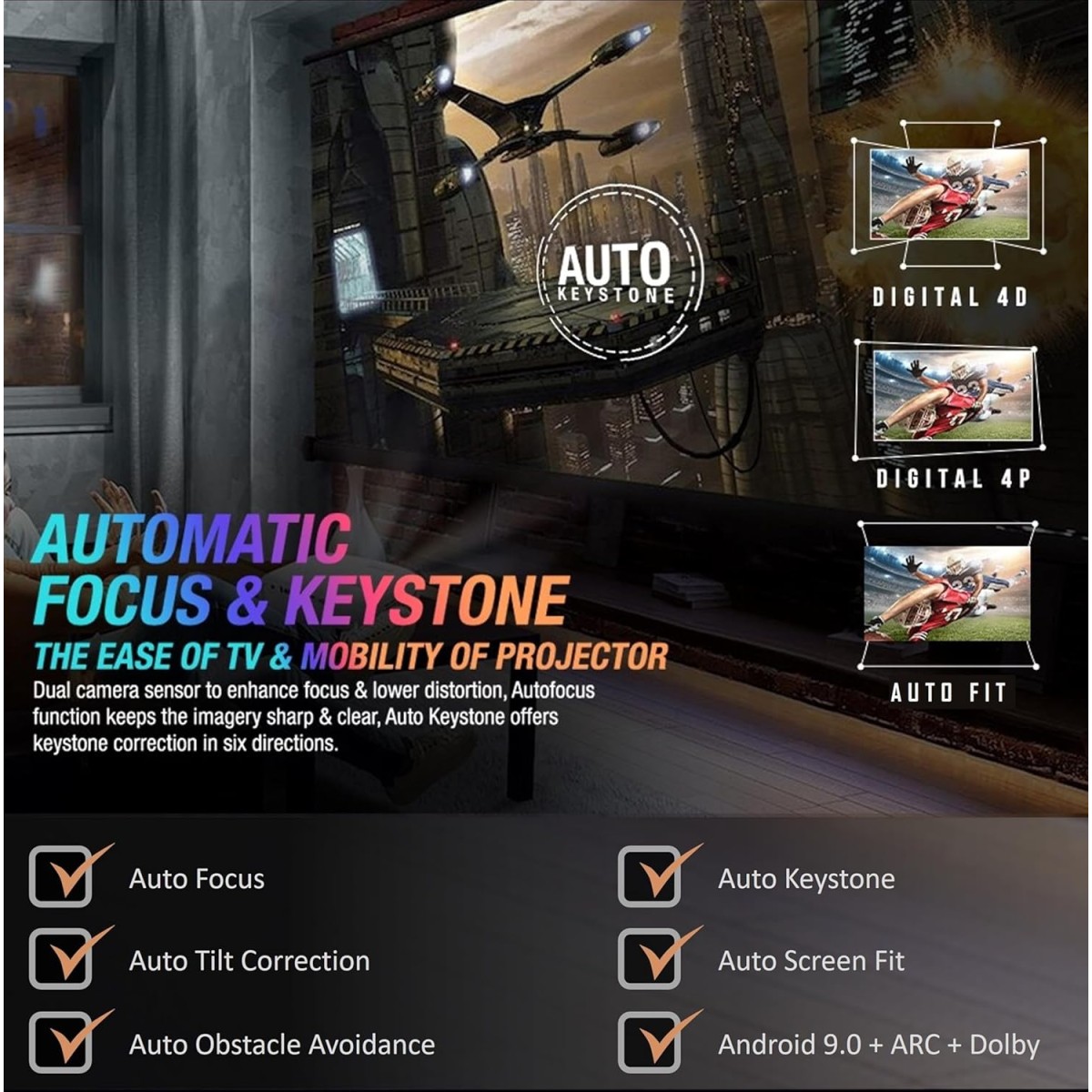 EGate O9 Pro-Zen, Full HD 1080p Projector (Upgraded), 12000 L, 4K Support, Android | 2GB RAM-16GB ROM | ARC HDMI | Auto (Focus + Keystone + Screen Fit + Obstacle Shift), Dolby, WIF+BT (EO9025, Black) EGate O9 Pro-Zen, Full HD 1080p Projector (Upgraded), 12000 L, 4K Support, Android | 2GB RAM-16GB ROM | ARC HDMI | Auto (Focus + Keystone + Screen Fit + Obstacle Shift), Dolby, WIF+BT (EO9025, Black)