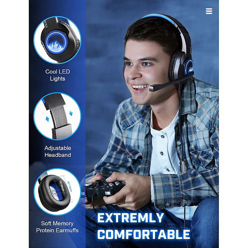 EKSA T8 Ps4 Gaming Wired Over Ear Headphones with Mic with Noise Canceling, Pc with Surround Stereo Sound, Led Light for Ps4, Pc, Laptop (Blue)