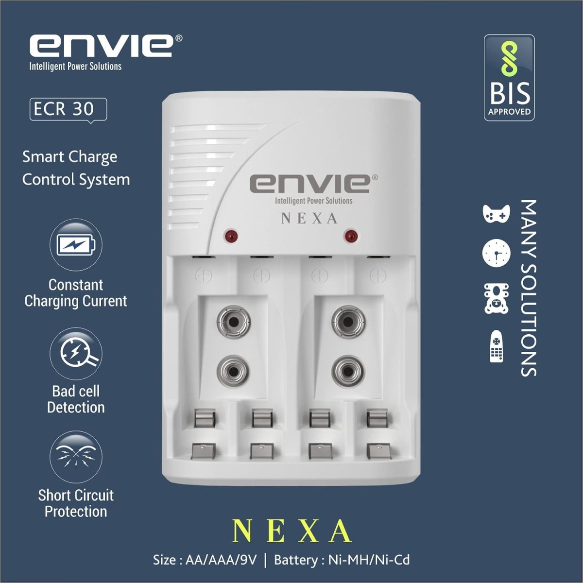 ENVIE® (NEXAECR30) NEXA ECR 30 Smart Charge Control Charger System for AA/AAA/9V Rechargeable Batteries (Ni-CD/Ni-MH)