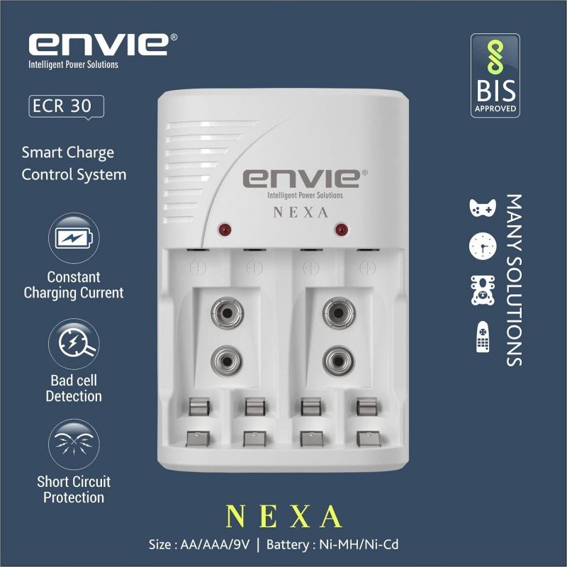 ENVIE® (NEXAECR30) NEXA ECR 30 Smart Charge Control Charger System for AA/AAA/9V Rechargeable Batteries (Ni-CD/Ni-MH) ENVIE® (NEXAECR30) NEXA ECR 30 Smart Charge Control Charger System for AA/AAA/9V Rechargeable Batteries (Ni-CD/Ni-MH)