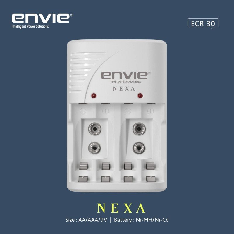 ENVIE® (NEXAECR30) NEXA ECR 30 Smart Charge Control Charger System for AA/AAA/9V Rechargeable Batteries (Ni-CD/Ni-MH) ENVIE® (NEXAECR30) NEXA ECR 30 Smart Charge Control Charger System for AA/AAA/9V Rechargeable Batteries (Ni-CD/Ni-MH)