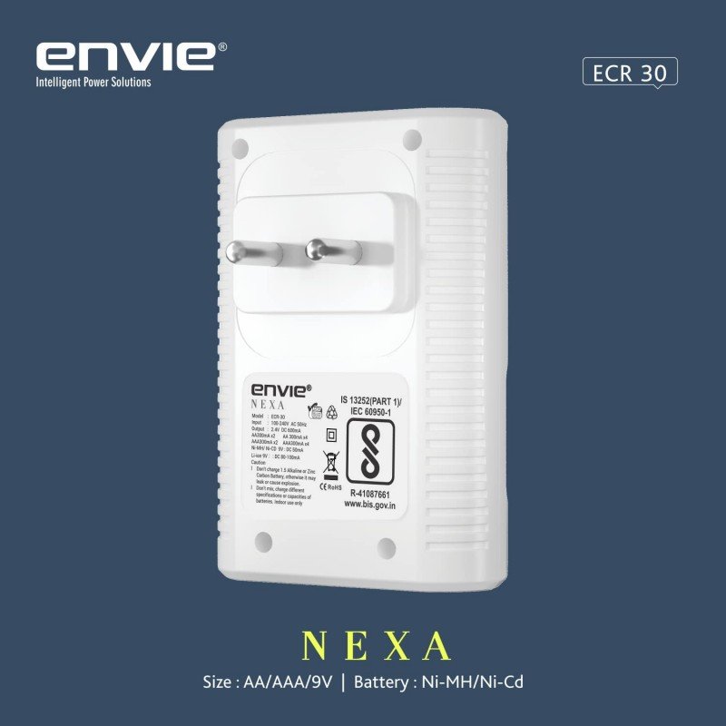 ENVIE® (NEXAECR30) NEXA ECR 30 Smart Charge Control Charger System for AA/AAA/9V Rechargeable Batteries (Ni-CD/Ni-MH) ENVIE® (NEXAECR30) NEXA ECR 30 Smart Charge Control Charger System for AA/AAA/9V Rechargeable Batteries (Ni-CD/Ni-MH)