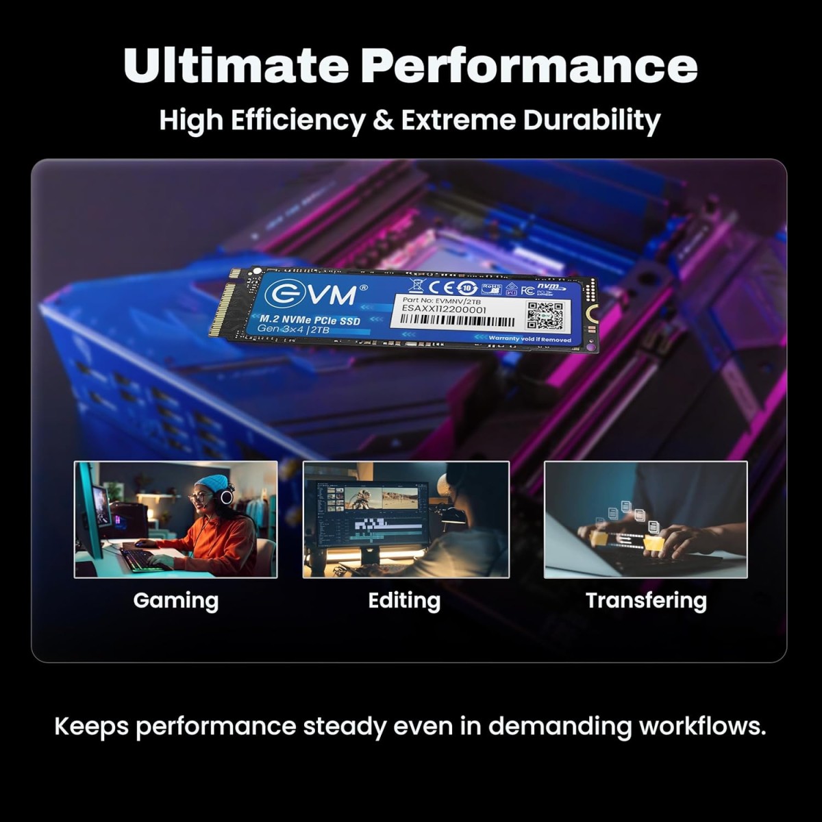 EVM 2TB NVMe Gen 3x4 Internal SSD (2280) – Upto 3800MB/s Read & 3000MB/s Write | PCIe 3.0 M.2 Solid State Drive for Gaming, Laptops & Desktops | Shock Resistant & 5-Year Warranty (EVMNV/2TB)