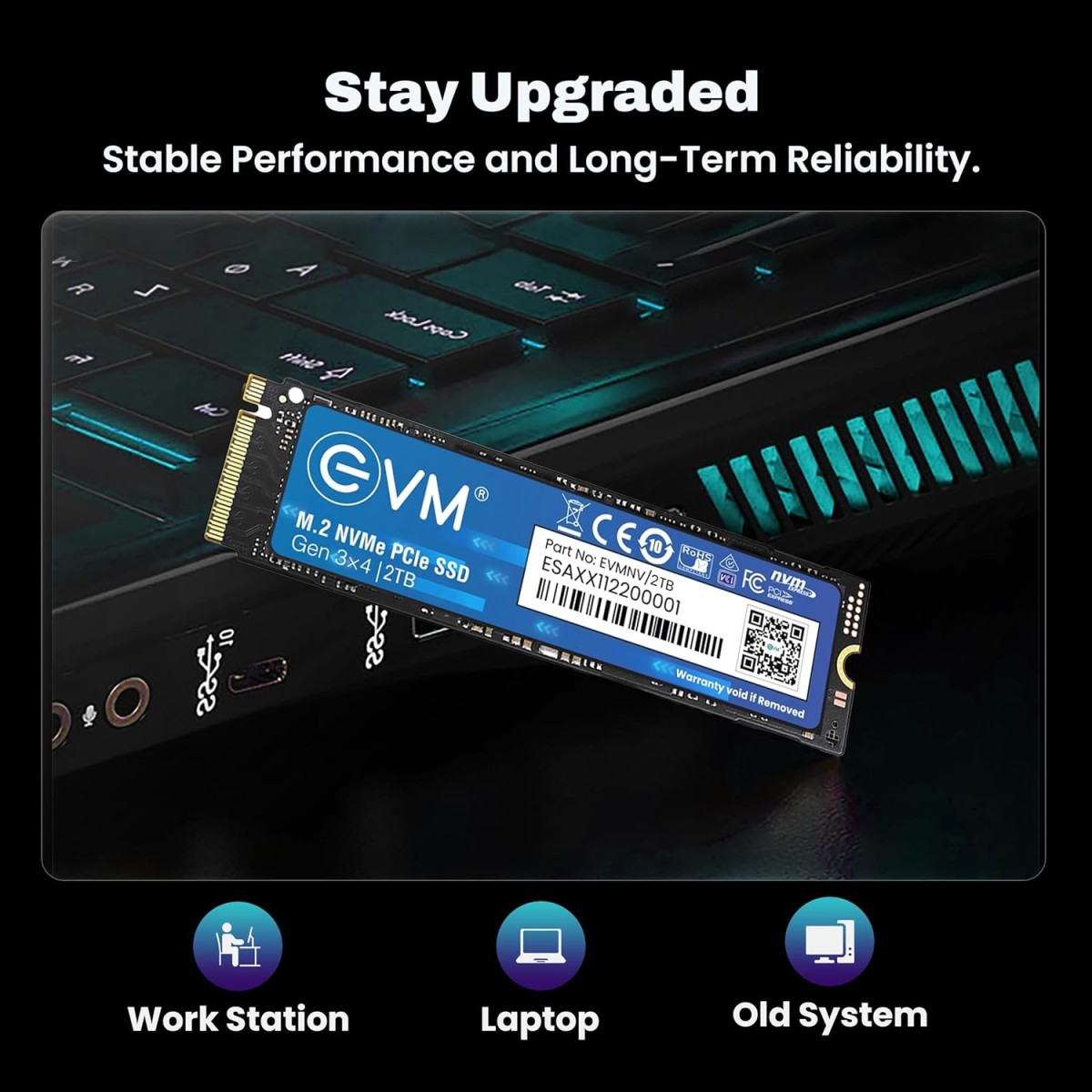 EVM 2TB NVMe Gen 3x4 Internal SSD (2280) – Upto 3800MB/s Read & 3000MB/s Write | PCIe 3.0 M.2 Solid State Drive for Gaming, Laptops & Desktops | Shock Resistant & 5-Year Warranty (EVMNV/2TB)