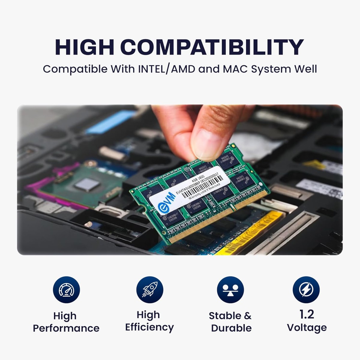 EVM 4GB DDR3 Laptop RAM 1600MHz So-DIMM Memory - High-Speed Performance, Low Voltage Requirement - 10 Year Warranty (EVMT4G1600S86P) EVM 4GB DDR3 Laptop RAM 1600MHz So-DIMM Memory - High-Speed Performance, Low Voltage Requirement - 10 Year Warranty (EVMT4G1600S86P)