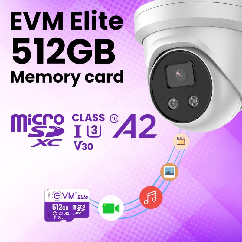 EVM Elite 512GB MicroSDXC Class 10 U3 V30 Memory Card - 100 MB/s Read Speed - CCTV Camera, Drone, Mobile- 5 Years Warranty EVM Elite 512GB MicroSDXC Class 10 U3 V30 Memory Card - 100 MB/s Read Speed - CCTV Camera, Drone, Mobile- 5 Years Warranty