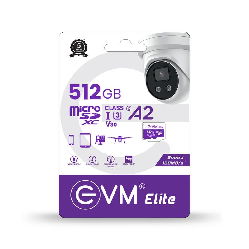 EVM Elite 512GB MicroSDXC Class 10 U3 V30 Memory Card - 100 MB/s Read Speed - CCTV Camera, Drone, Mobile- 5 Years Warranty EVM Elite 512GB MicroSDXC Class 10 U3 V30 Memory Card - 100 MB/s Read Speed - CCTV Camera, Drone, Mobile- 5 Years Warranty
