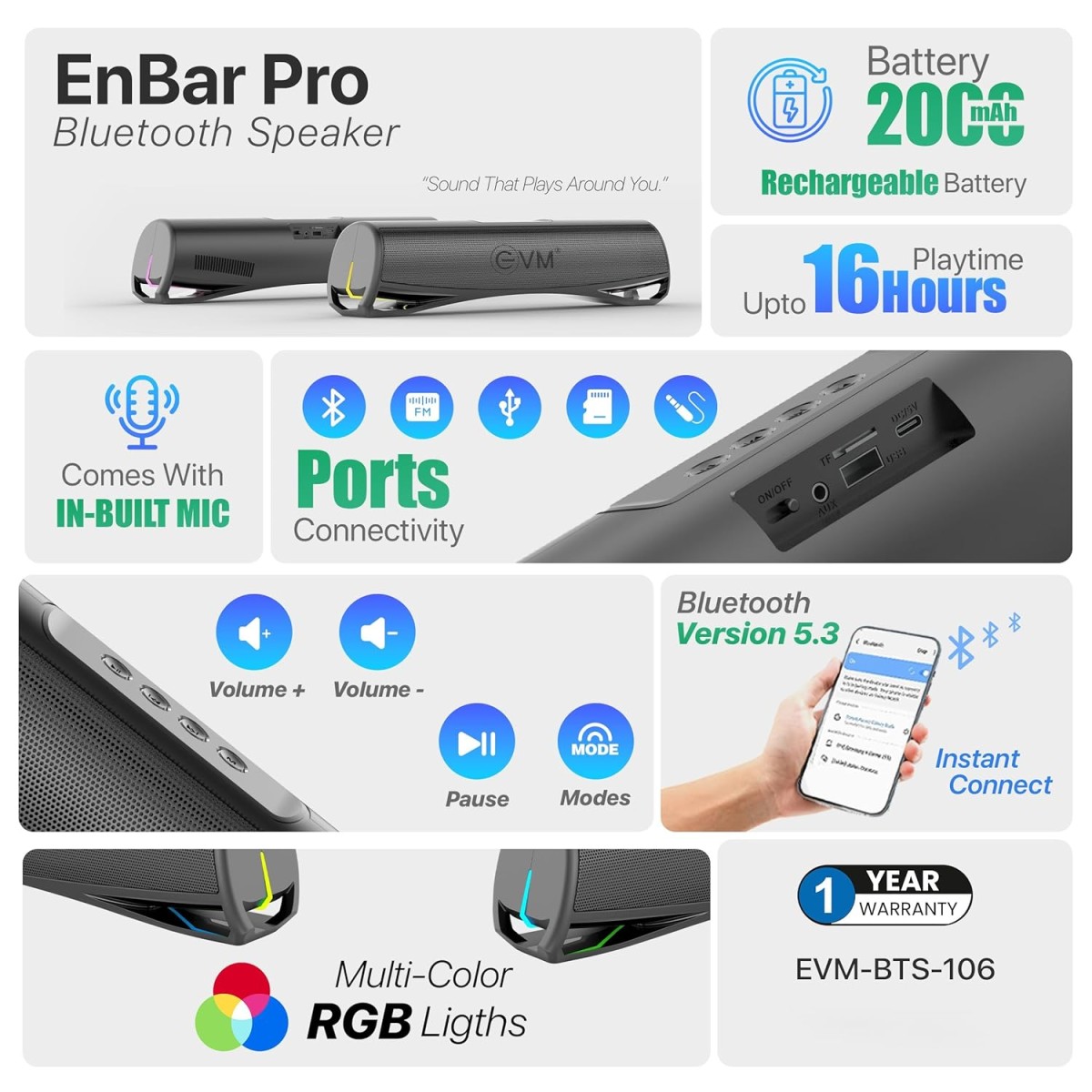 EVM EnBar Pro Portable Speaker with RGB Lights – 24W Loud Stereo Sound, 16H Playtime, Bluetooth 5.3, Dual Drivers, 2000mAh Battery – Perfect for Home, Outdoor, Parties - 1 Year Warranty(EVM-BTS-106) EVM EnBar Pro Portable Speaker with RGB Lights – 24W Loud Stereo Sound, 16H Playtime, Bluetooth 5.3, Dual Drivers, 2000mAh Battery – Perfect for Home, Outdoor, Parties - 1 Year Warranty(EVM-BTS-106)