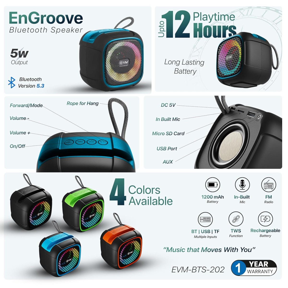 EVM EnGroove BTS-202 Bluetooth Speaker – 12H Playtime, 5W RMS, Type-C Charging, Inbuilt Mic-1 Year Warranty(EVM-BTS-202-Blue) EVM EnGroove BTS-202 Bluetooth Speaker – 12H Playtime, 5W RMS, Type-C Charging, Inbuilt Mic-1 Year Warranty(EVM-BTS-202-Blue)