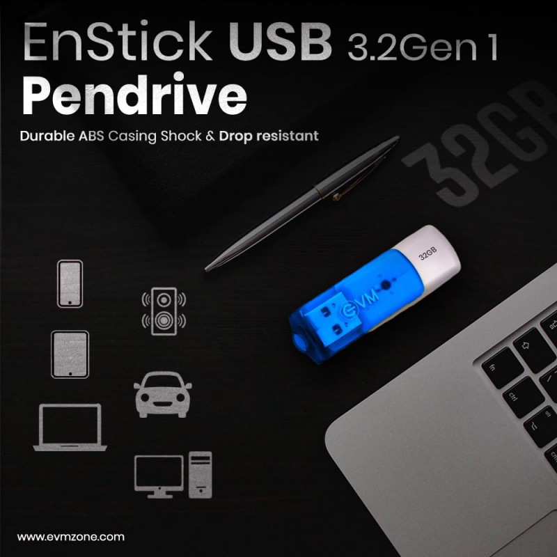EVM EnStick 32GB USB 3.2 Gen 1 Pendrive - High Speed up to 100MB/s Read & 90MB/s Write Speeds - Ideal for Fast Data Transfer & Storage Solution with Durable Design - (EVMPDA3.2/32GB) EVM EnStick 32GB USB 3.2 Gen 1 Pendrive - High Speed up to 100MB/s Read & 90MB/s Write Speeds - Ideal for Fast Data Transfer & Storage Solution with Durable Design - (EVMPDA3.2/32GB)