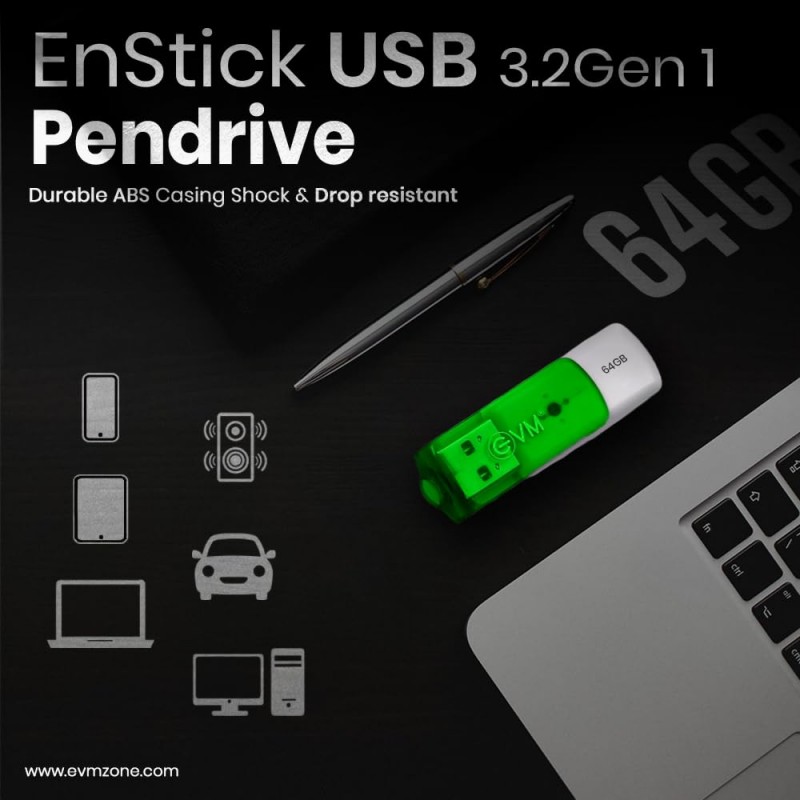 EVM EnStick 32GB USB 3.2 Gen 1 Pendrive - High Speed up to 100MB/s Read & 90MB/s Write Speeds - Ideal for Fast Data Transfer & Storage Solution with Durable Design - (EVMPDA3.2/32GB) EVM EnStick 32GB USB 3.2 Gen 1 Pendrive - High Speed up to 100MB/s Read & 90MB/s Write Speeds - Ideal for Fast Data Transfer & Storage Solution with Durable Design - (EVMPDA3.2/32GB)