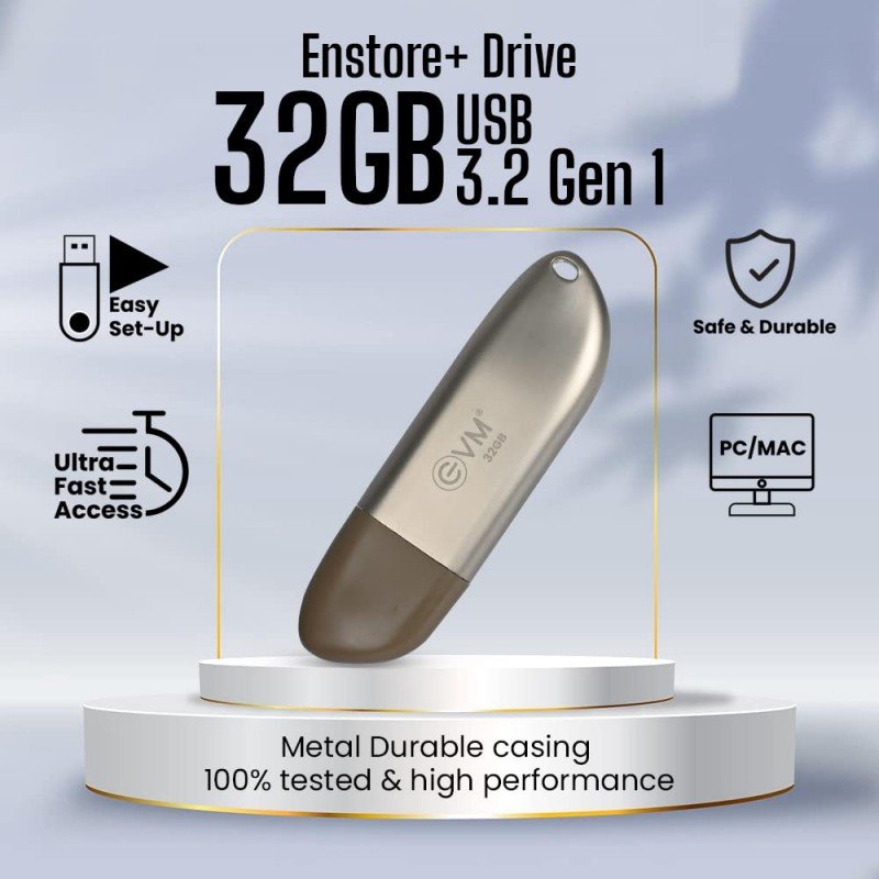 EVM EnStore+ 32GB Metal USB 3.2 Pendrive - High Performance with up to 100MB/s Read - Durable Metal Casing - Ideal for Fast Data Transfer and Storage Solution - 10 Year Warranty - (EVMPD3.2/32GB) EVM EnStore+ 32GB Metal USB 3.2 Pendrive - High Performance with up to 100MB/s Read - Durable Metal Casing - Ideal for Fast Data Transfer and Storage Solution - 10 Year Warranty - (EVMPD3.2/32GB)