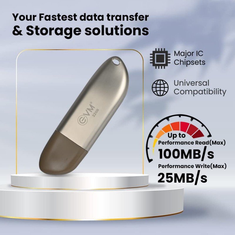 EVM EnStore+ 32GB Metal USB 3.2 Pendrive - High Performance with up to 100MB/s Read - Durable Metal Casing - Ideal for Fast Data Transfer and Storage Solution - 10 Year Warranty - (EVMPD3.2/32GB) EVM EnStore+ 32GB Metal USB 3.2 Pendrive - High Performance with up to 100MB/s Read - Durable Metal Casing - Ideal for Fast Data Transfer and Storage Solution - 10 Year Warranty - (EVMPD3.2/32GB)