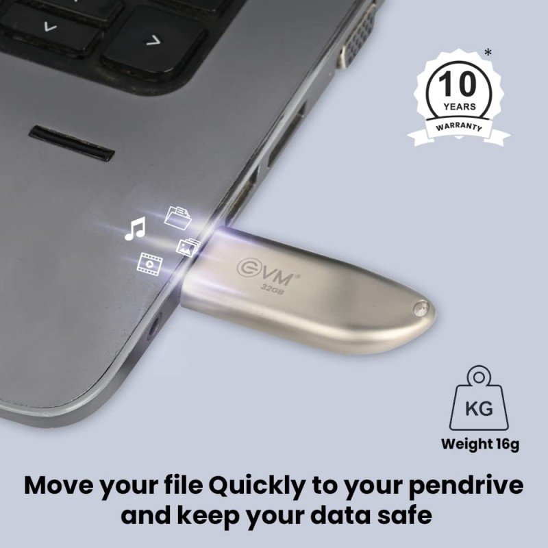 EVM EnStore+ 32GB Metal USB 3.2 Pendrive - High Performance with up to 100MB/s Read - Durable Metal Casing - Ideal for Fast Data Transfer and Storage Solution - 10 Year Warranty - (EVMPD3.2/32GB) EVM EnStore+ 32GB Metal USB 3.2 Pendrive - High Performance with up to 100MB/s Read - Durable Metal Casing - Ideal for Fast Data Transfer and Storage Solution - 10 Year Warranty - (EVMPD3.2/32GB)