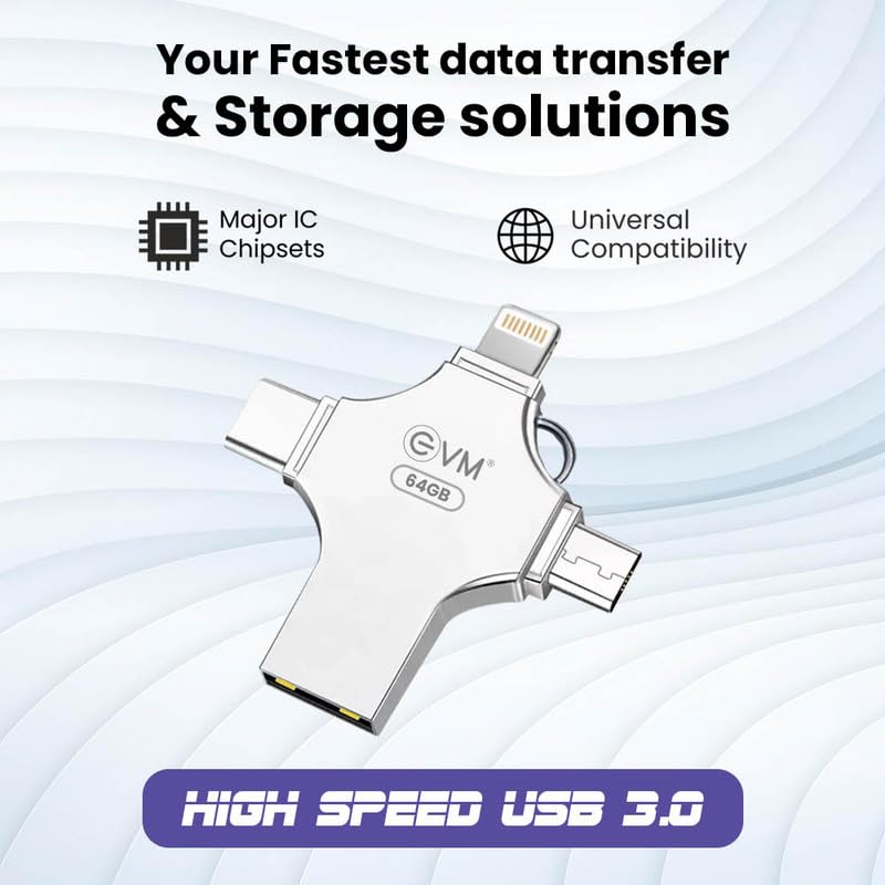 EVM EnStore 4-in-1 OTG 256GB Flashdrive-High-Speed USB 3.0 with Read Speed of 100Mb/s & Write Speed of 25Mb/s-Transfer Files Between USB-A,All Smartphones - (EVM4D/256G)