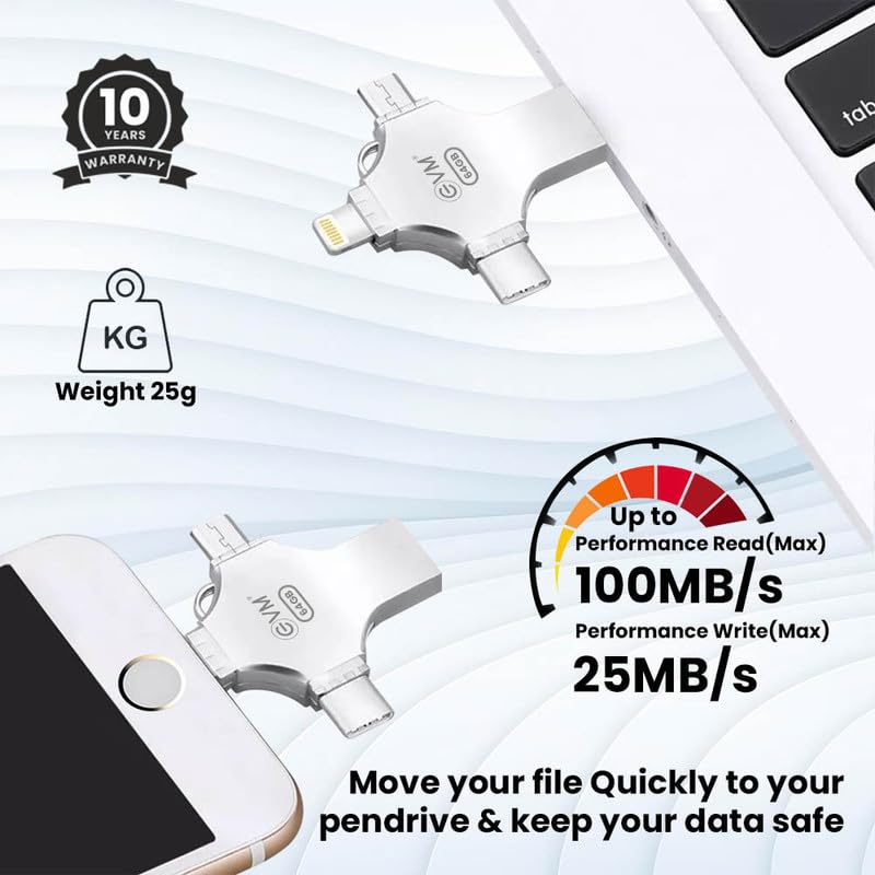 EVM EnStore 4-in-1 OTG 256GB Flashdrive-High-Speed USB 3.0 with Read Speed of 100Mb/s & Write Speed of 25Mb/s-Transfer Files Between USB-A,All Smartphones - (EVM4D/256G)