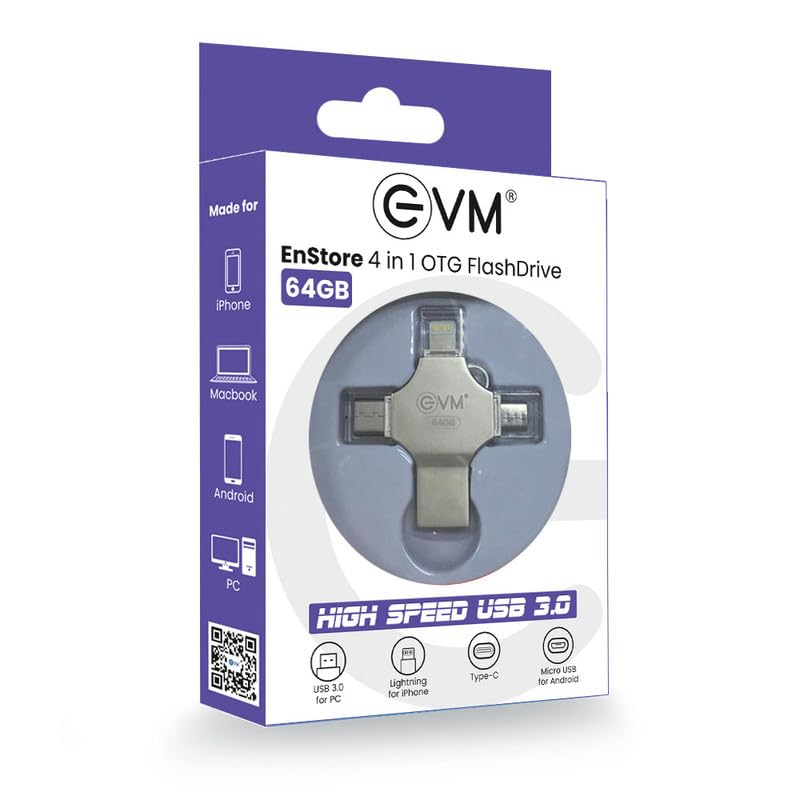 EVM EnStore 4-in-1 OTG 256GB Flashdrive-High-Speed USB 3.0 with Read Speed of 100Mb/s & Write Speed of 25Mb/s-Transfer Files Between USB-A,All Smartphones - (EVM4D/256G)