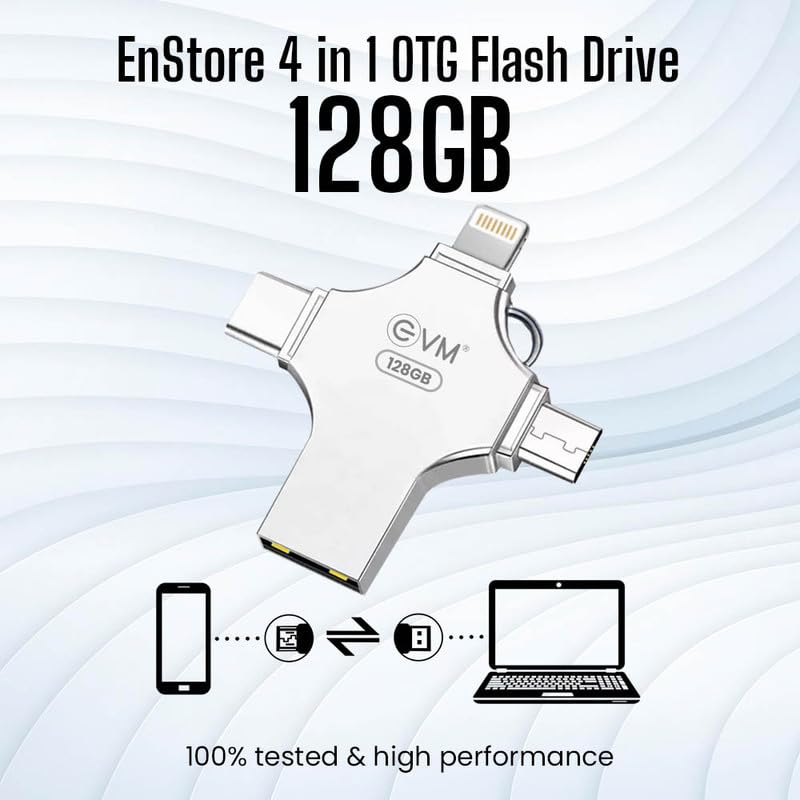 EVM EnStore 4-in-1 OTG 256GB Flashdrive-High-Speed USB 3.0 with Read Speed of 100Mb/s & Write Speed of 25Mb/s-Transfer Files Between USB-A,All Smartphones - (EVM4D/256G)
