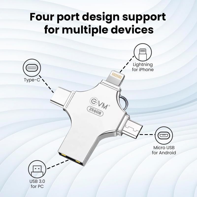 EVM EnStore 4-in-1 OTG 256GB Flashdrive-High-Speed USB 3.0 with Read Speed of 100Mb/s & Write Speed of 25Mb/s-Transfer Files Between USB-A,All Smartphones - (EVM4D/256G)