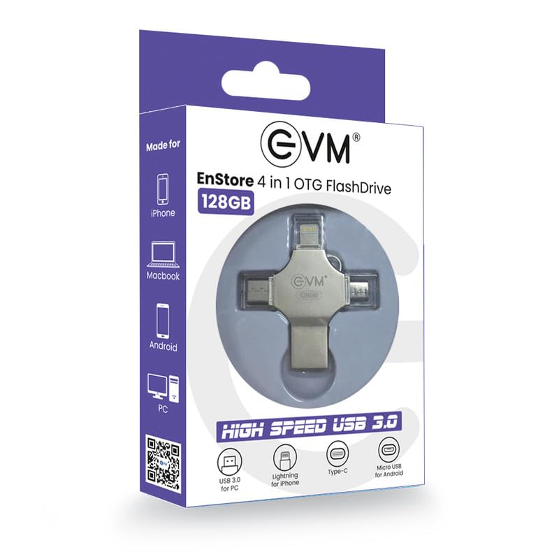 EVM EnStore 4-in-1 OTG 256GB Flashdrive-High-Speed USB 3.0 with Read Speed of 100Mb/s & Write Speed of 25Mb/s-Transfer Files Between USB-A,All Smartphones - (EVM4D/256G)