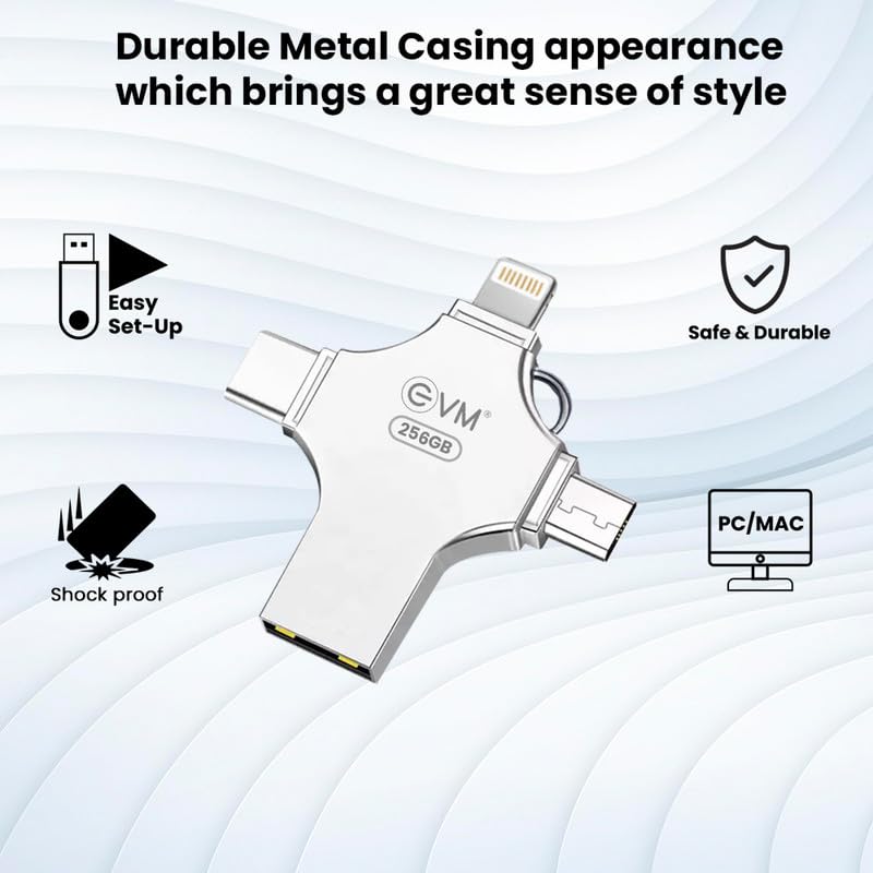 EVM EnStore 4-in-1 OTG 256GB Flashdrive-High-Speed USB 3.0 with Read Speed of 100Mb/s & Write Speed of 25Mb/s-Transfer Files Between USB-A,All Smartphones - (EVM4D/256G)
