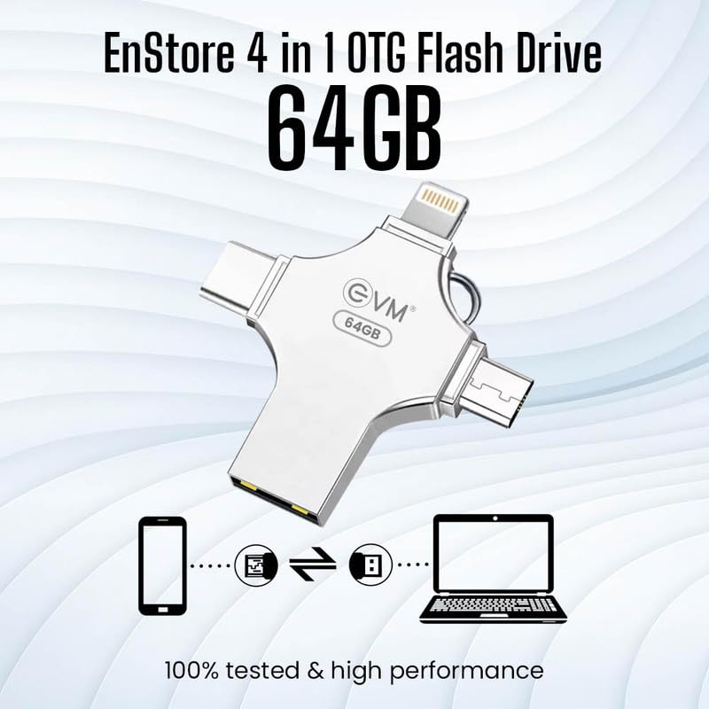 EVM EnStore 4-in-1 OTG 256GB Flashdrive-High-Speed USB 3.0 with Read Speed of 100Mb/s & Write Speed of 25Mb/s-Transfer Files Between USB-A,All Smartphones - (EVM4D/256G)