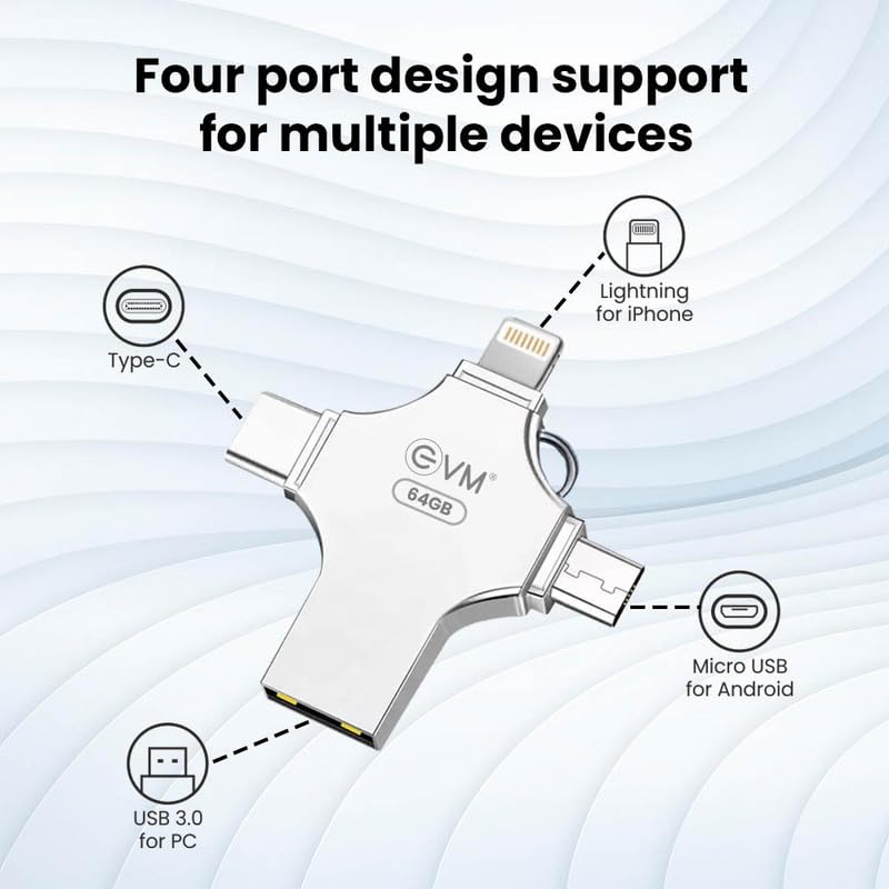 EVM EnStore 4-in-1 OTG 256GB Flashdrive-High-Speed USB 3.0 with Read Speed of 100Mb/s & Write Speed of 25Mb/s-Transfer Files Between USB-A,All Smartphones - (EVM4D/256G)