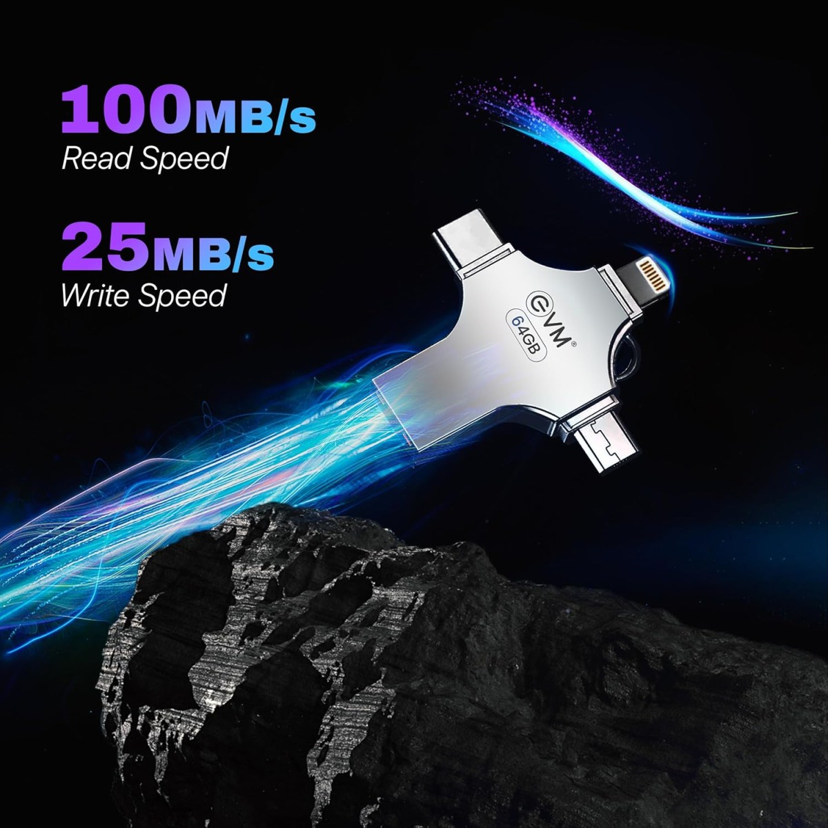 EVM EnStore 4-in-1 OTG 64GB Flashdrive-High-Speed USB 3.0 - Read Speed of 100Mb/s & Write Speed of 25Mb/s-Transfer Files Between USB-A,Compatible with All Smartphones - (EVM4D/64G) EVM EnStore 4-in-1 OTG 64GB Flashdrive-High-Speed USB 3.0 - Read Speed of 100Mb/s & Write Speed of 25Mb/s-Transfer Files Between USB-A,Compatible with All Smartphones - (EVM4D/64G)