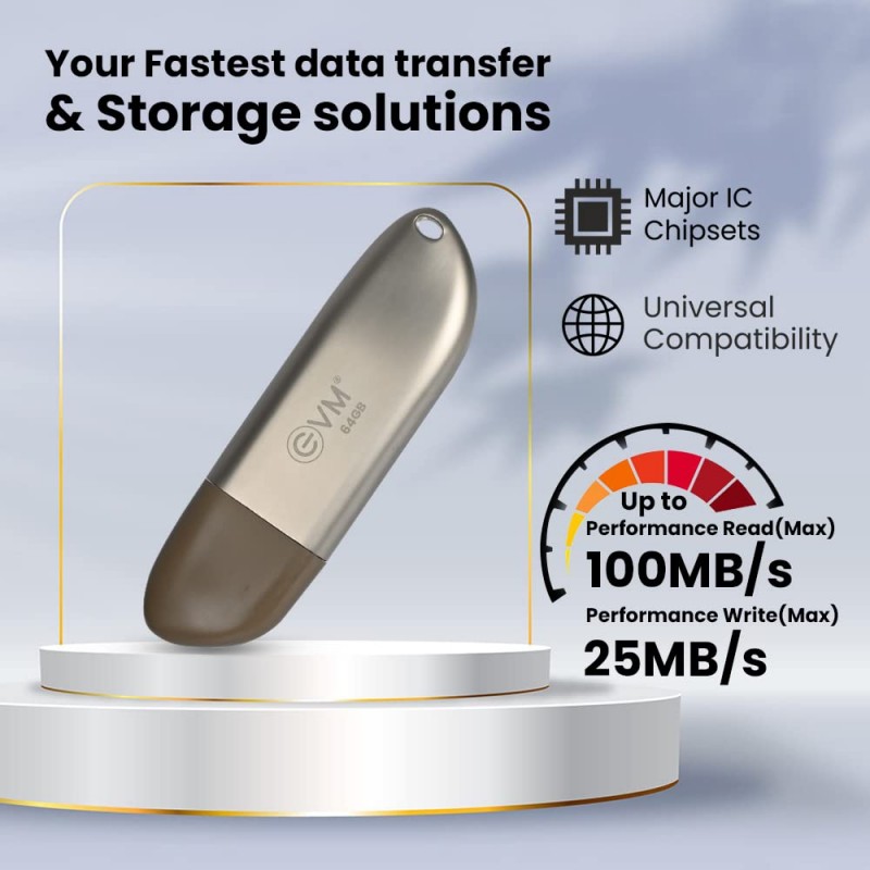EVM EnStore+ 64GB Metal USB 3.2 Pendrive - High Speed up to 100MB/s Read & 30MB/s Write Speeds - Durable Metal Casing - Ideal for Fast Data Transfer & Storage Solution - - (EVMPD3.2/64GB) EVM EnStore+ 64GB Metal USB 3.2 Pendrive - High Speed up to 100MB/s Read & 30MB/s Write Speeds - Durable Metal Casing - Ideal for Fast Data Transfer & Storage Solution - - (EVMPD3.2/64GB)