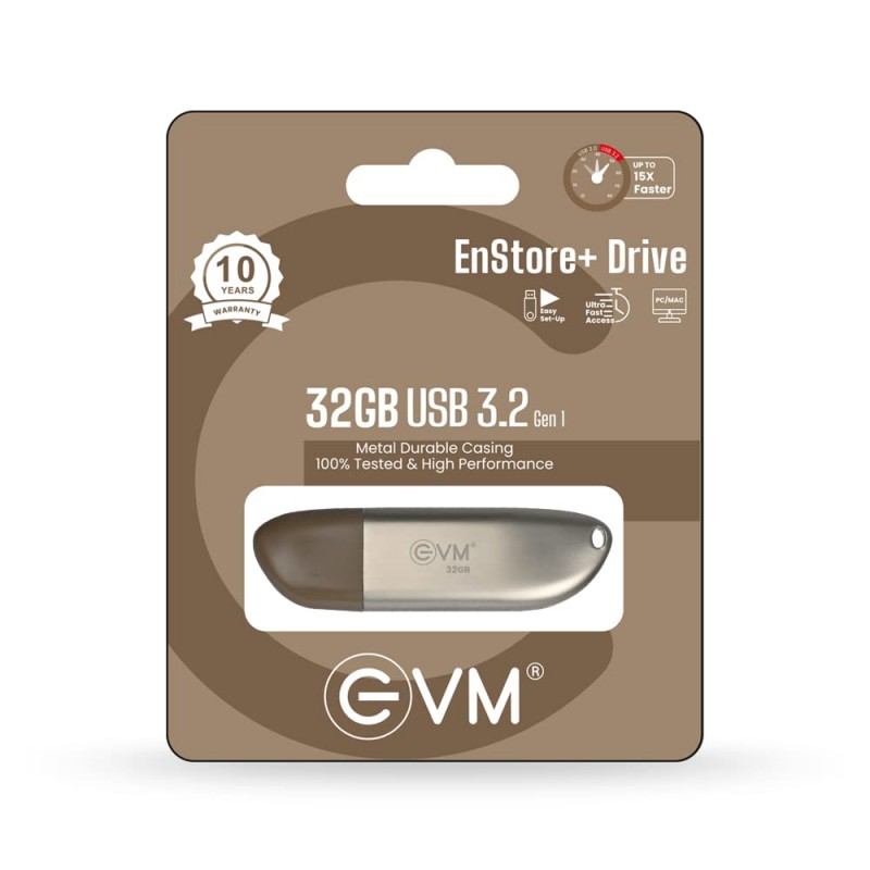 EVM EnStore+ 64GB Metal USB 3.2 Pendrive - High Speed up to 100MB/s Read & 30MB/s Write Speeds - Durable Metal Casing - Ideal for Fast Data Transfer & Storage Solution - - (EVMPD3.2/64GB) EVM EnStore+ 64GB Metal USB 3.2 Pendrive - High Speed up to 100MB/s Read & 30MB/s Write Speeds - Durable Metal Casing - Ideal for Fast Data Transfer & Storage Solution - - (EVMPD3.2/64GB)