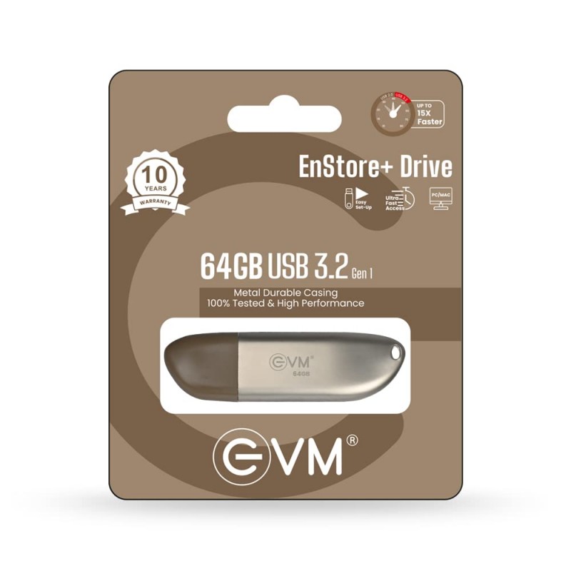 EVM EnStore+ 64GB Metal USB 3.2 Pendrive - High Speed up to 100MB/s Read & 30MB/s Write Speeds - Durable Metal Casing - Ideal for Fast Data Transfer & Storage Solution - - (EVMPD3.2/64GB) EVM EnStore+ 64GB Metal USB 3.2 Pendrive - High Speed up to 100MB/s Read & 30MB/s Write Speeds - Durable Metal Casing - Ideal for Fast Data Transfer & Storage Solution - - (EVMPD3.2/64GB)