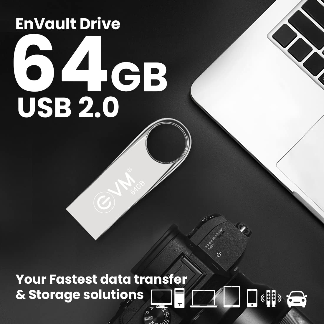 EVM EnVault USB 2.0 64GB Flash Drive - Read Speed up to 25MB/s - Durable Metallic Casing - 10 Years Warranty (EVMPDV/64GB)