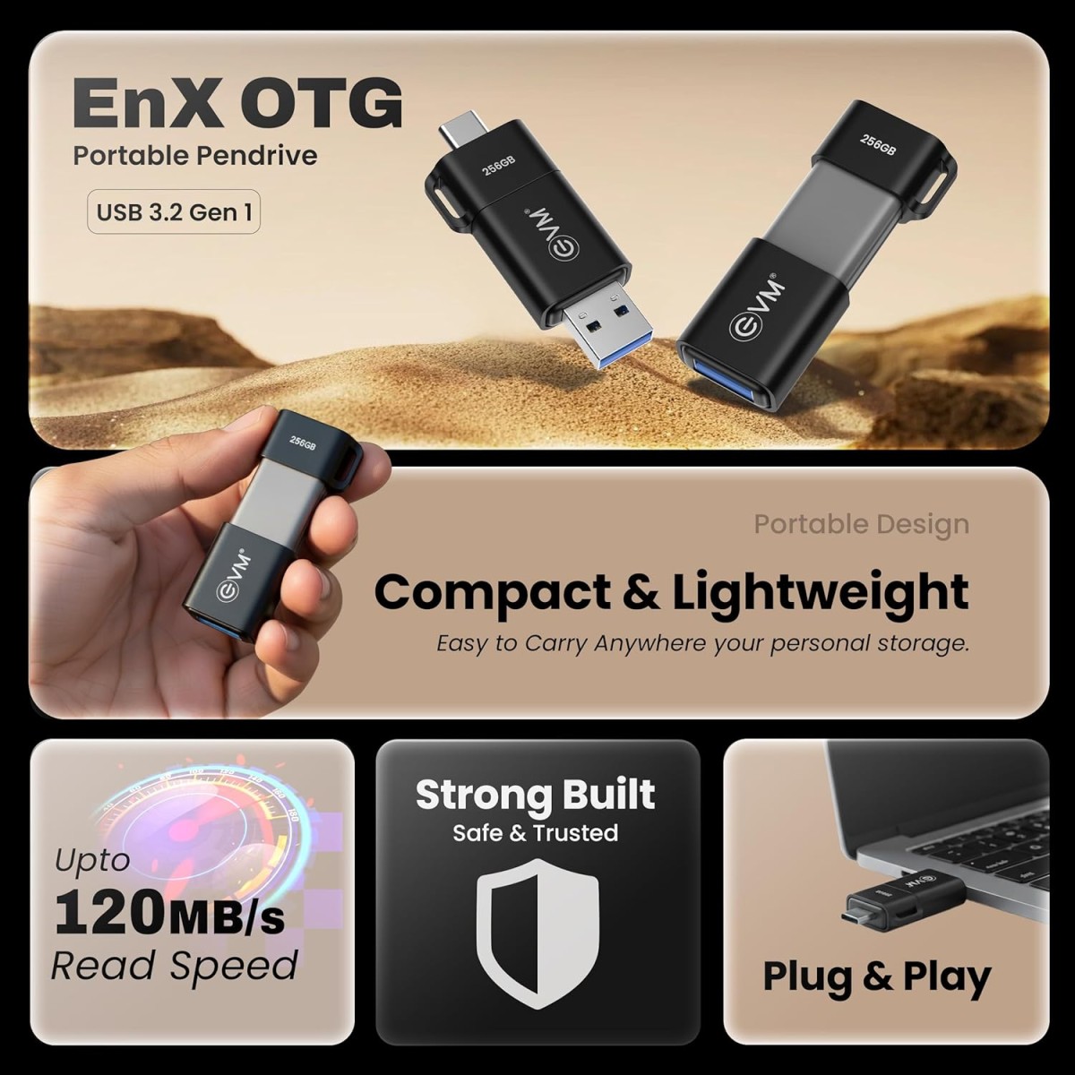 EVM EnXO 256GB OTG Flash Drive USB 3.2 Gen 1 – High-Speed Dual USB Type-C & Type-A Pendrive, Upto 120MB/s Read Speed, for Smartphone, Laptop & Tablet, 10-Year Warranty (ENXO/256GB)