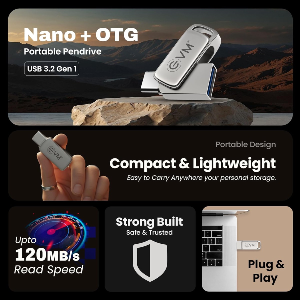 EVM Nano Plus Type-C OTG Pendrive 128GB – USB 3.2 Gen 1 High-Speed Flash Drive Upto 120 MB/s Read Speed – Metal Body – Compatible with Smartphones, Laptops & Tablets – 10-Year Wty (EEPOT/128GB)