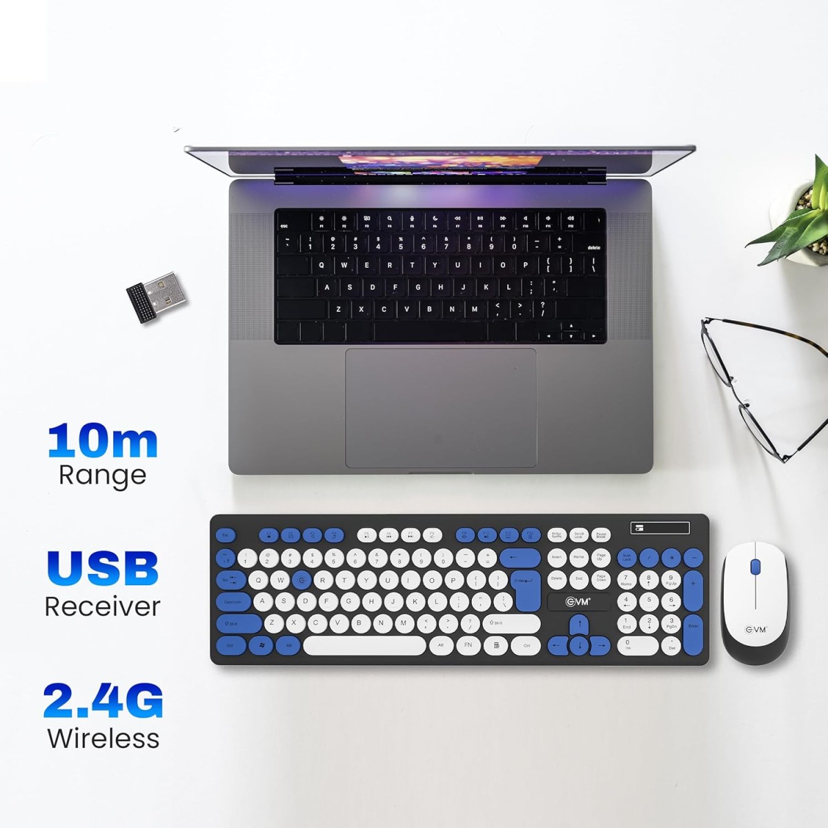 EVM Wireless Rounded Key Keyboard & Mouse Combo - 2.4G, Plug and Play, 10m Range, 112 Keys, 1000DPI Resolution, Height Adjust - 1 Year Warranty (EVM-WLKM-045)