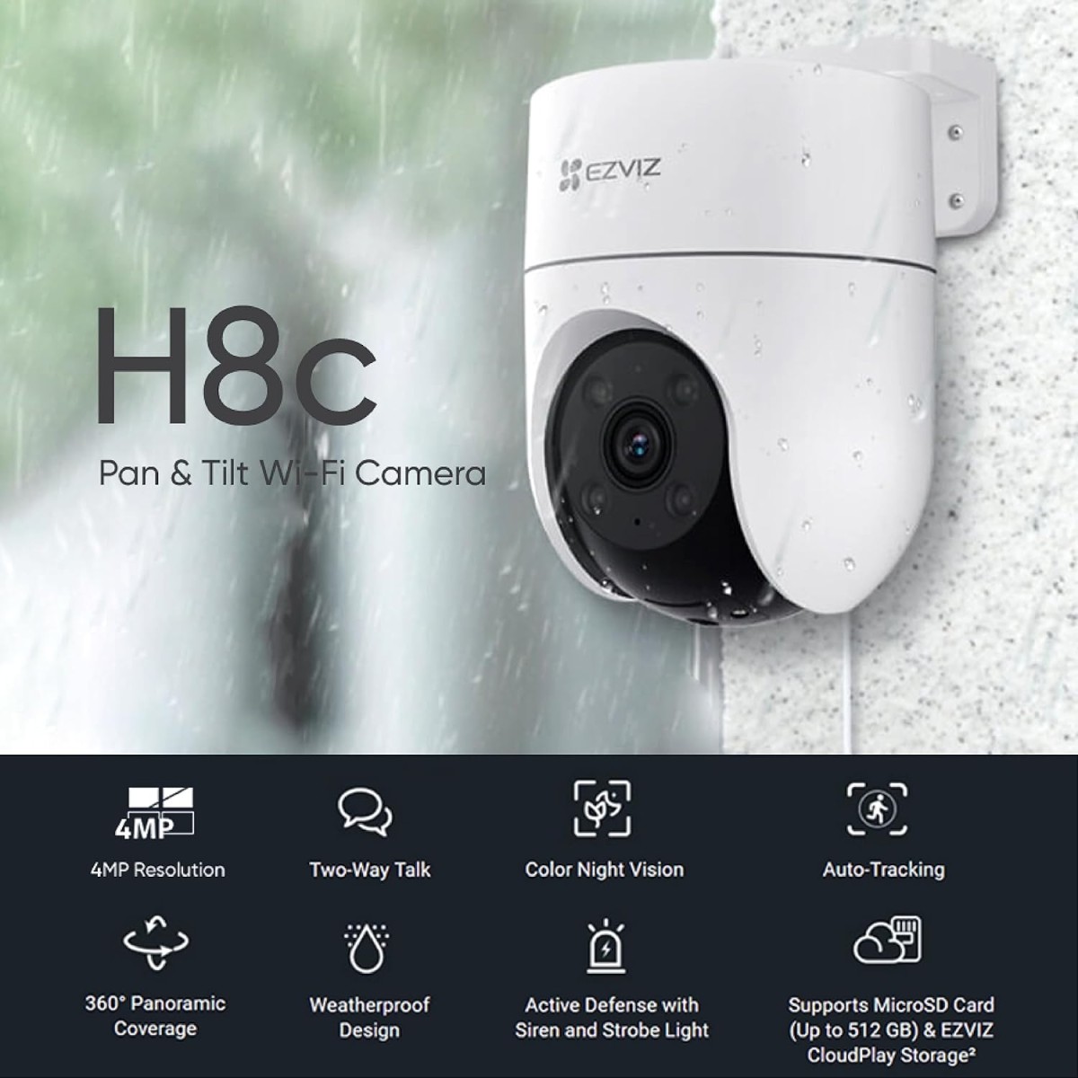 EZVIZ H8C 4MP Outdoor Pan & Tilt Wi-Fi Camera|Color Night Vision|360° Coverage|Auto-Tracking|Two-Way Talk|Weatherproof Design|Supports MicroSD Card (Up to 512 GB)|White (Pack of 2)