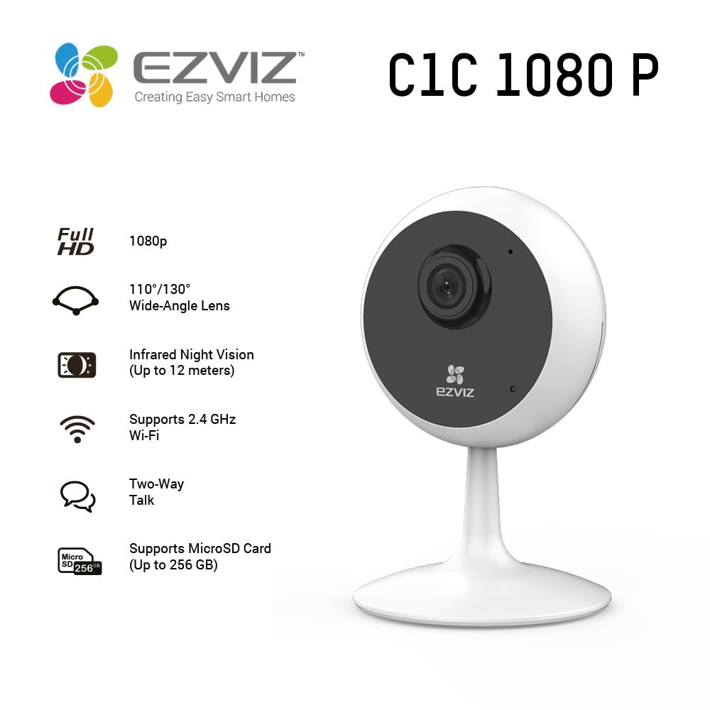 EZVIZ by Hikvision|C1C-B WiFi Indoor Home Smart Security Camera| 2 Way Talk 1080p Full HDl Privacy Protection Alexa & Google, White
