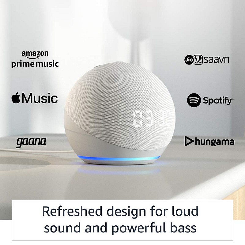 Echo Dot (4th Gen, 2020 release) with clock | Next generation smart speaker with powerful bass, LED display and Alexa (White)