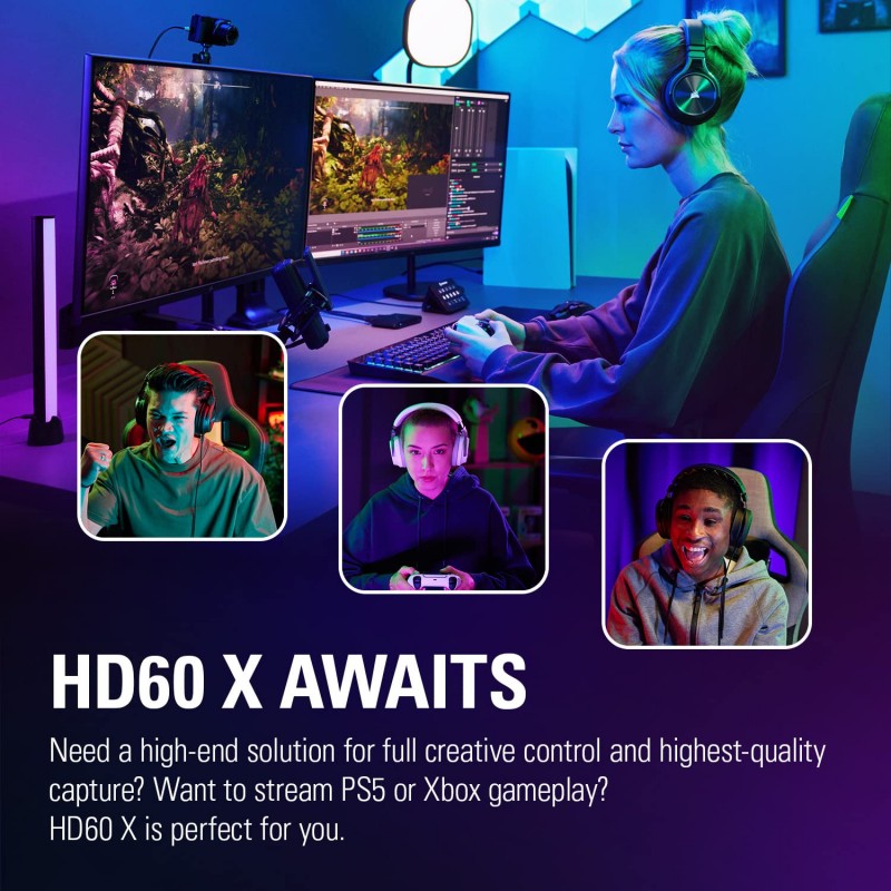 Elgato HD60 X - Stream and Record in 1080p60 HDR10 or 4K30 with Ultra-Low Latency on PS5, PS4/Pro, Xbox Series X/S, Xbox One X/S, in OBS and More, Works with PC and Mac