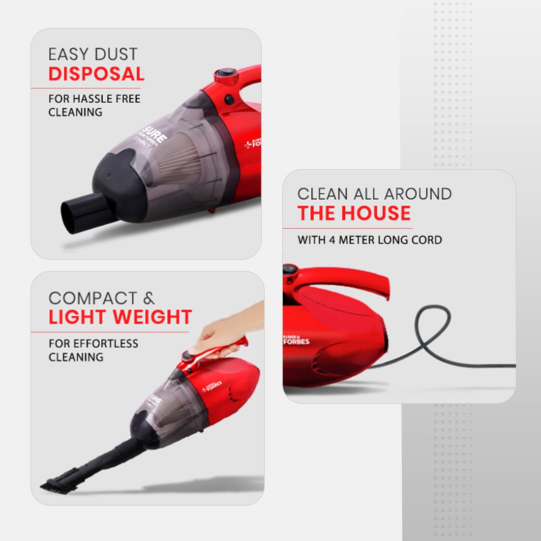 Eureka Forbes Compact 700 Watts Powerful Suction & Blower Vacuum Cleaner with Washable HEPA Filter & 6 Accessories,Compact,1 Year Warranty,Light Weight & Easy to use (Red & Black)