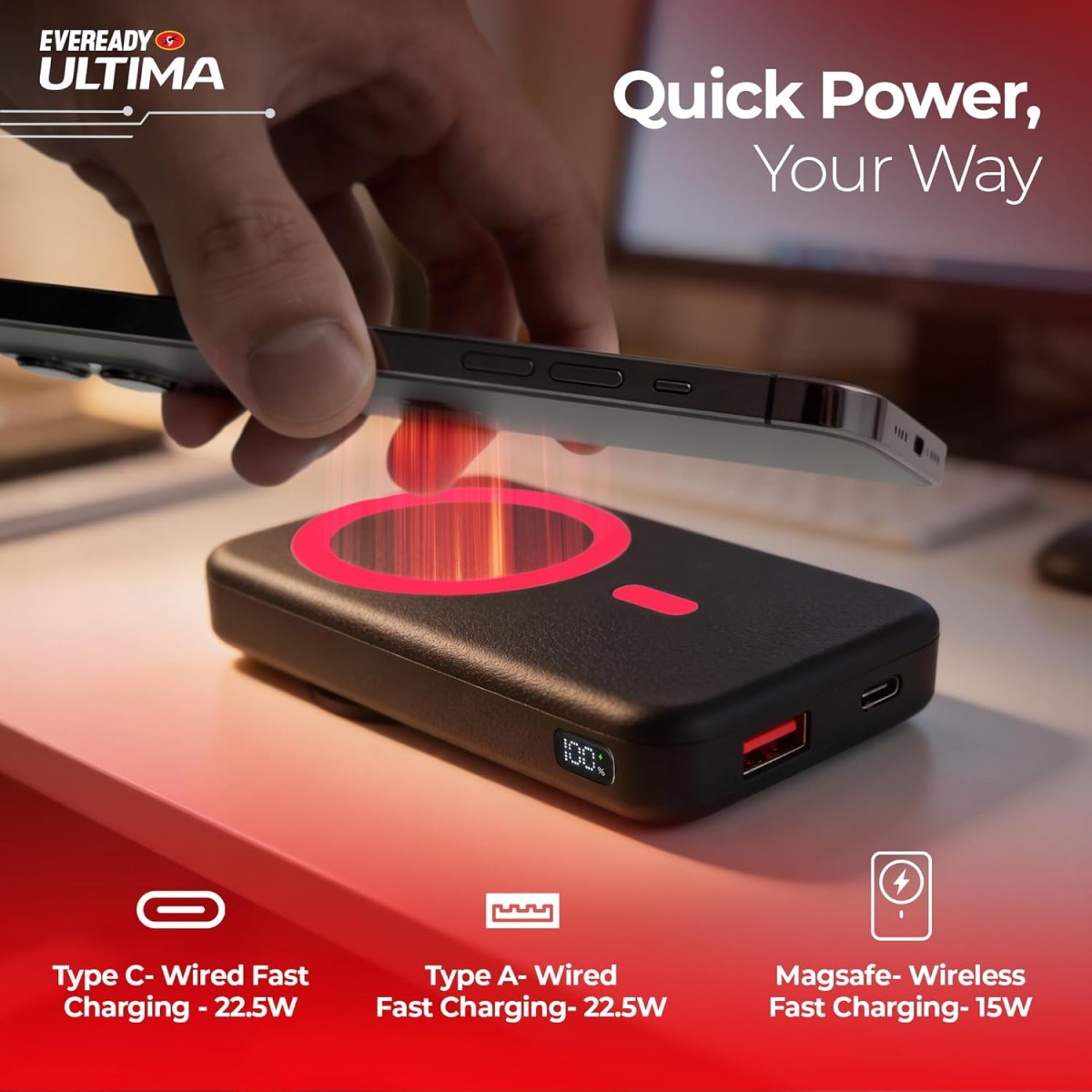Eveready Ultima MagSafe Compatible Power Bank- PB31, 10,000mAh, 22.5W Wired & 15W Magnetic Wireless Fast Charging Stand for iPhone 12 & Above, Android & Qi Devices (Ensure Device & Case Compatibility) Eveready Ultima MagSafe Compatible Power Bank- PB31, 10,000mAh, 22.5W Wired & 15W Magnetic Wireless Fast Charging Stand for iPhone 12 & Above, Android & Qi Devices (Ensure Device & Case Compatibility)