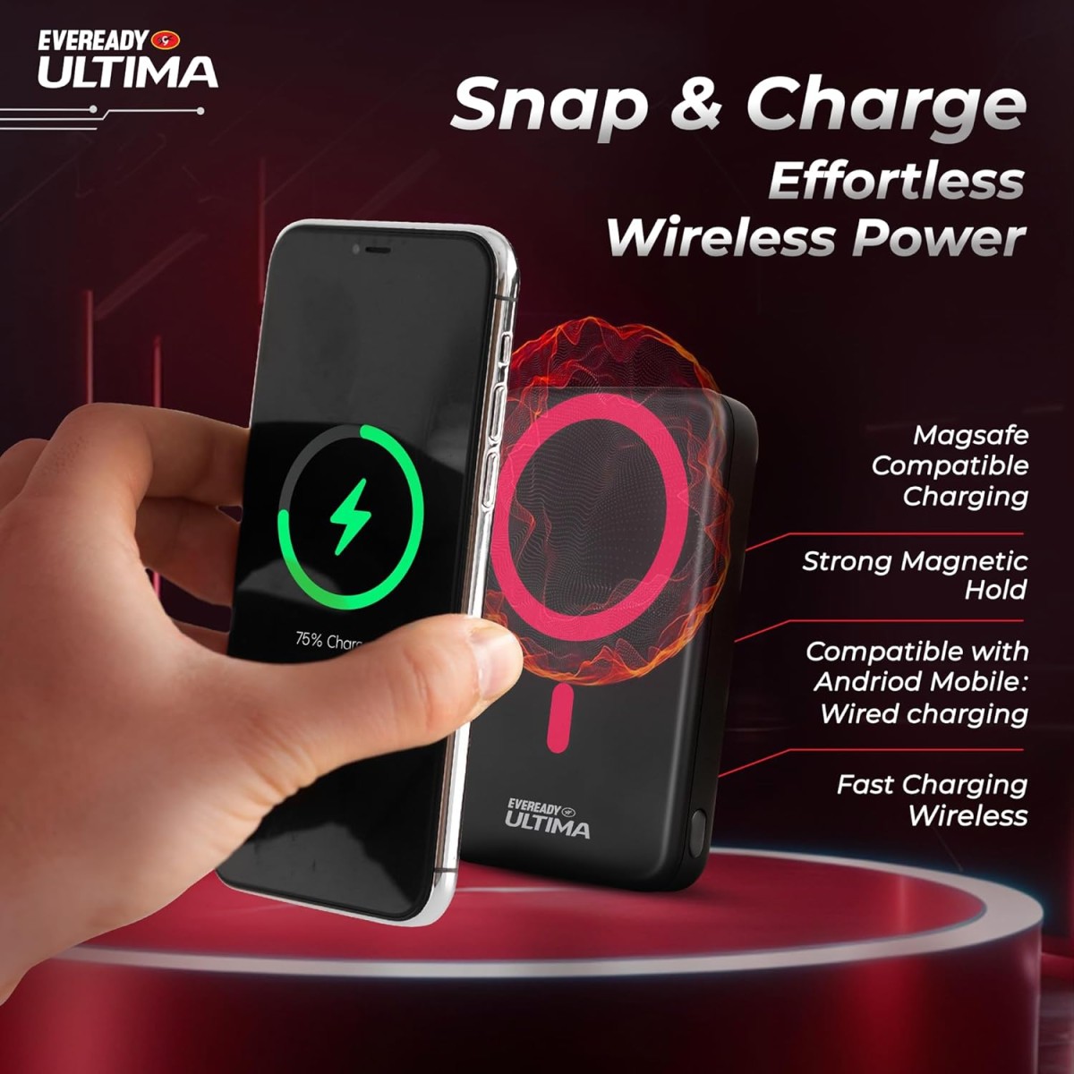 Eveready Ultima MagSafe Compatible Power Bank- PB31, 10,000mAh, 22.5W Wired & 15W Magnetic Wireless Fast Charging Stand for iPhone 12 & Above, Android & Qi Devices (Ensure Device & Case Compatibility) Eveready Ultima MagSafe Compatible Power Bank- PB31, 10,000mAh, 22.5W Wired & 15W Magnetic Wireless Fast Charging Stand for iPhone 12 & Above, Android & Qi Devices (Ensure Device & Case Compatibility)