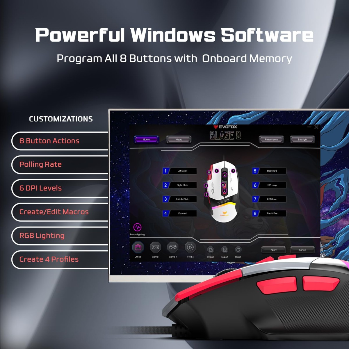 EvoFox Blaze 2 Wired Gaming Mouse | High Performance 1000Hz Polling Rate, Upto 12,800 DPI, RGB Lighting, 8 Programmable Buttons, Software Support with On-Board Memory, Durable Huano Switches EvoFox Blaze 2 Wired Gaming Mouse | High Performance 1000Hz Polling Rate, Upto 12,800 DPI, RGB Lighting, 8 Programmable Buttons, Software Support with On-Board Memory, Durable Huano Switches