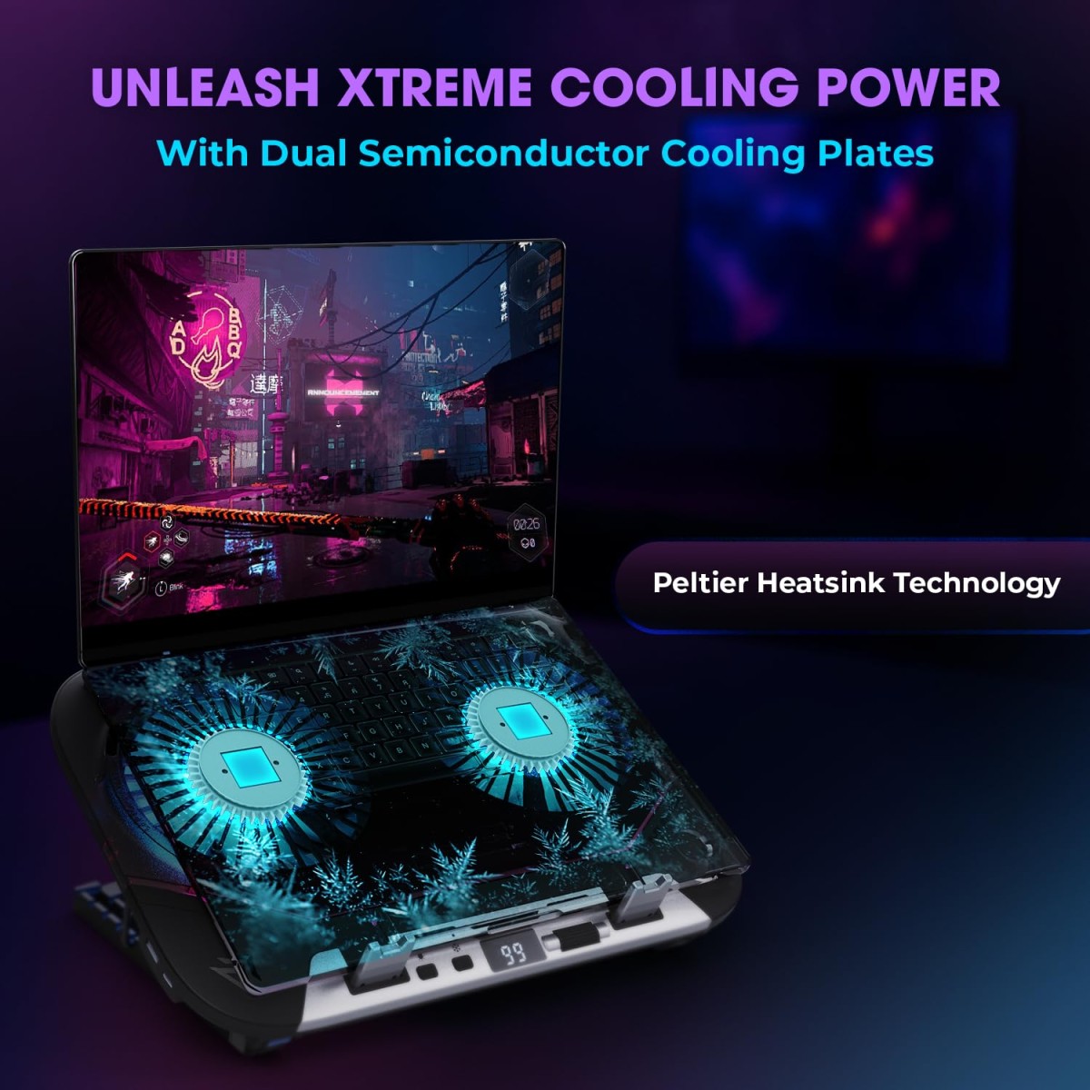 EvoFox Blizzard 2 Xtreme Laptop Cooling Pad | Dual Semiconductor Plates, 2x140 mm Fans, RGB Lighting, Digital Display & Roller Control, 5-Level Stand, USB Extender & Phone Holder, Upto 15” Laptops